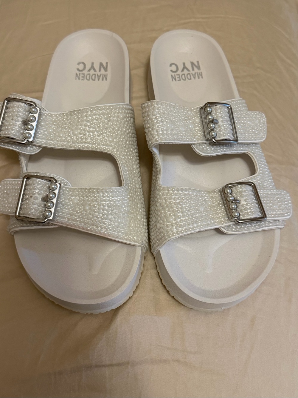 Madden NYC Women’s White Embellished Slide Sandals